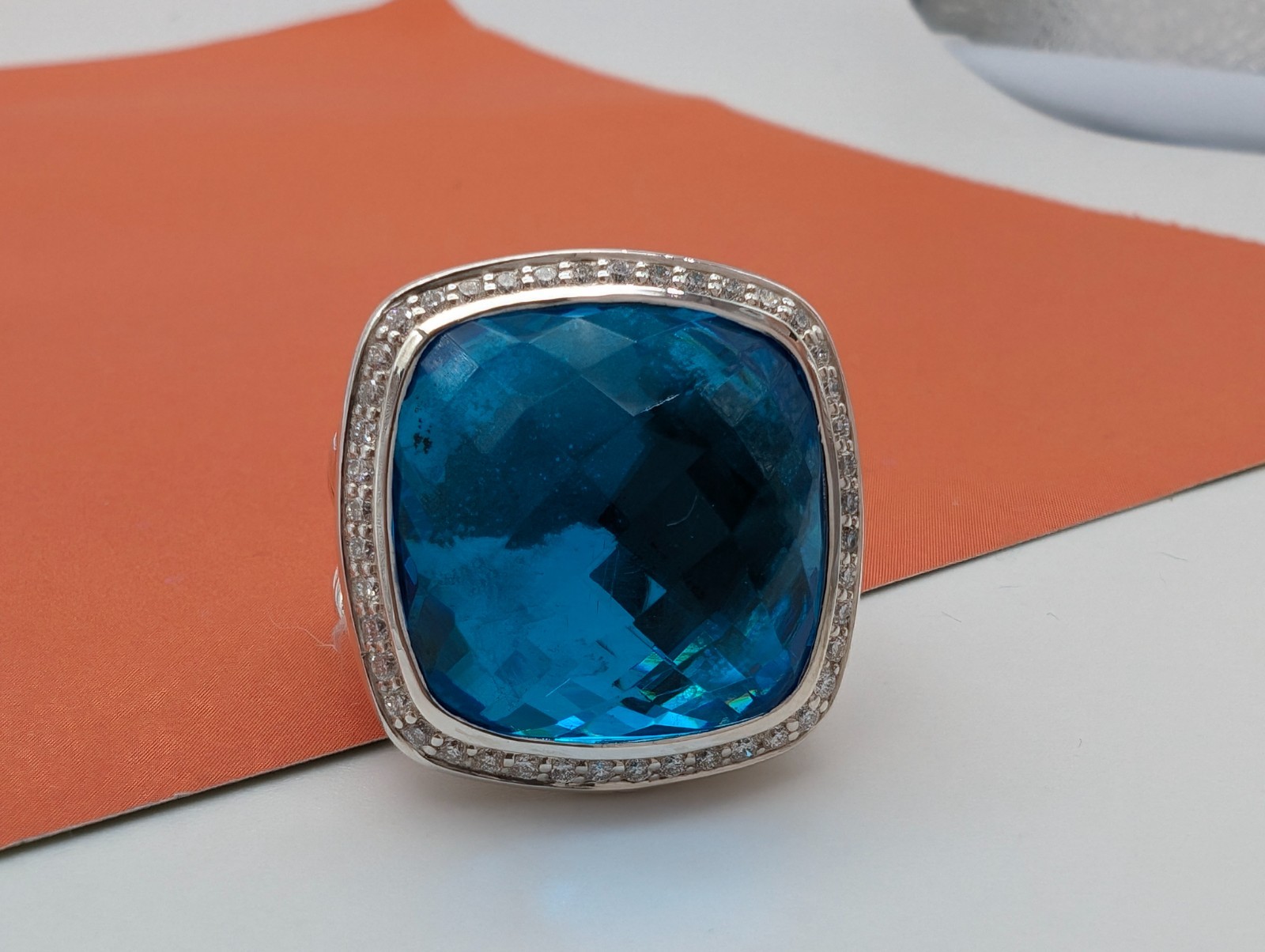 DAVID YURMAN Sterling Silver 17mm Albion Ring w/ Blue Topaz & Diamonds Size 7