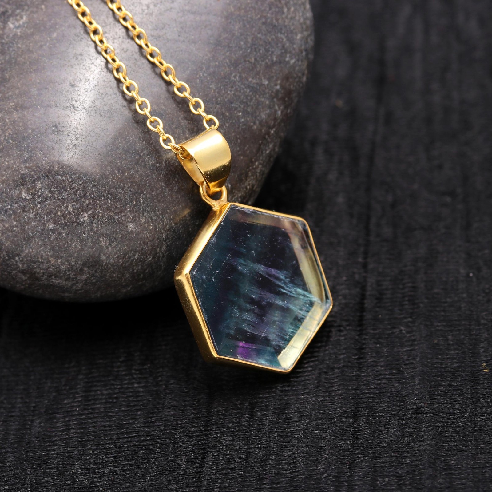 Natural Fluorite Hexagon Necklace Gold Plated Solid Silver Handmade Jewelry