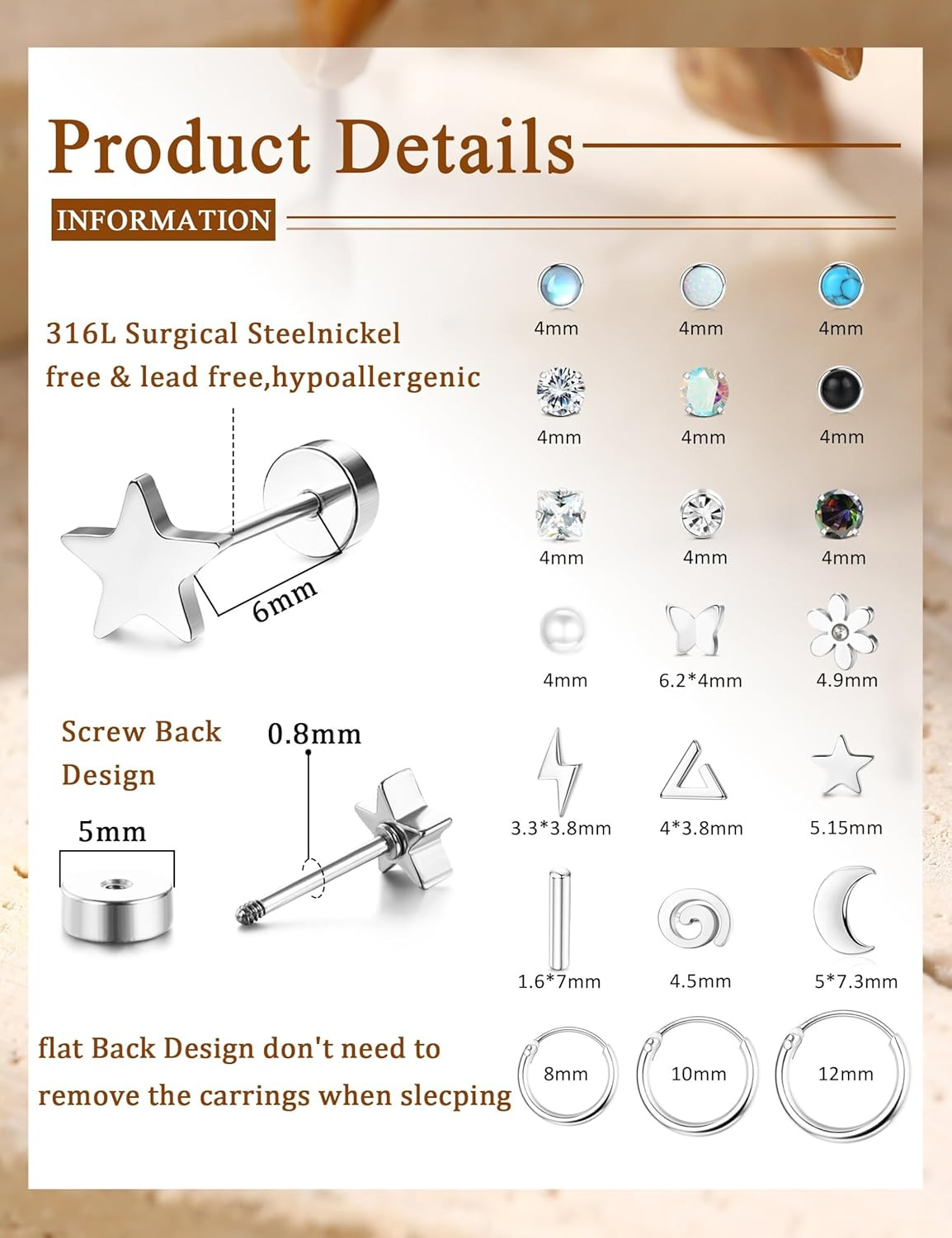 21Pairs Surgical Steel Flat Back Earrings Hypoallergenic 20G Screw Back Nap Stac