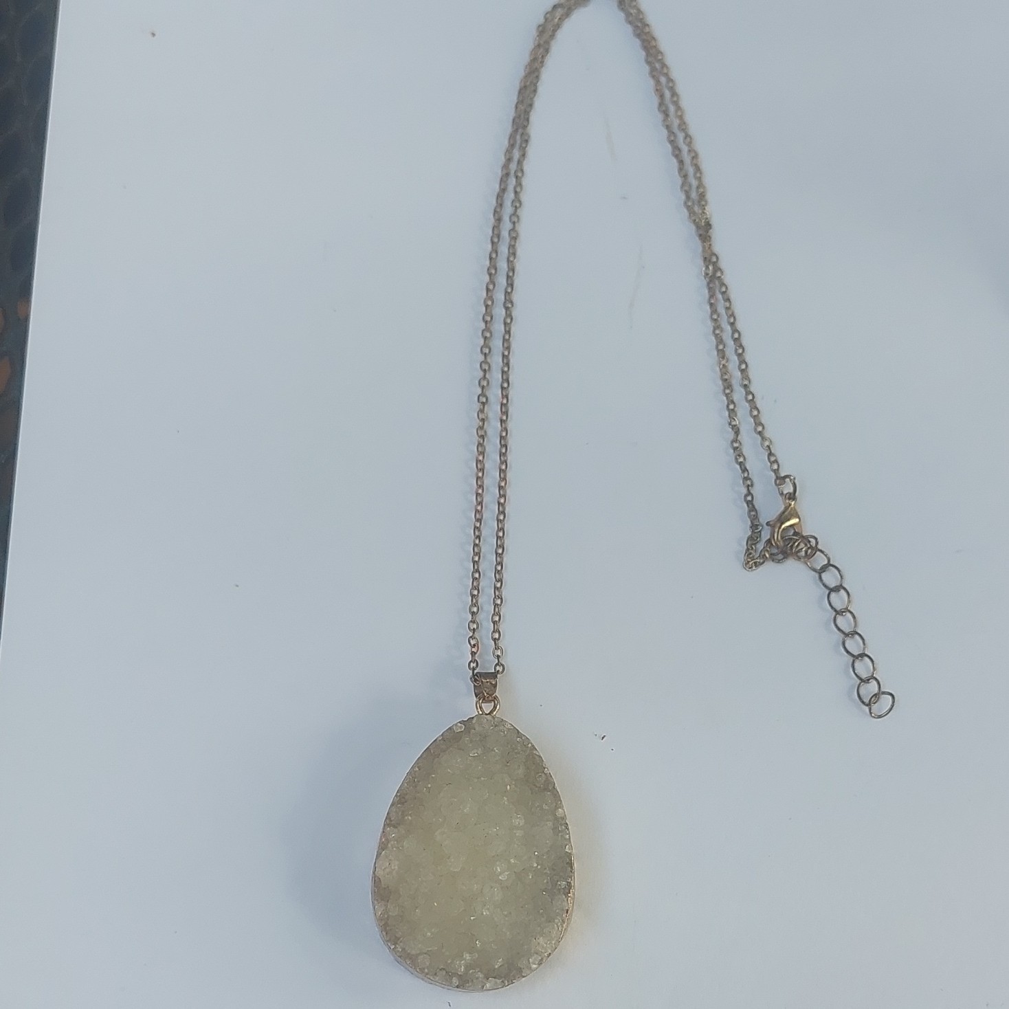 Gold Tone Adjustable Cable Chain Necklace w/ Oval White Quartz Bezel Pendant