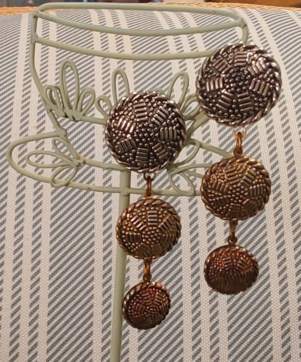 Copper Tone Textured Round Dangle/Drop Clip-On Earrings for Lobe, Metal