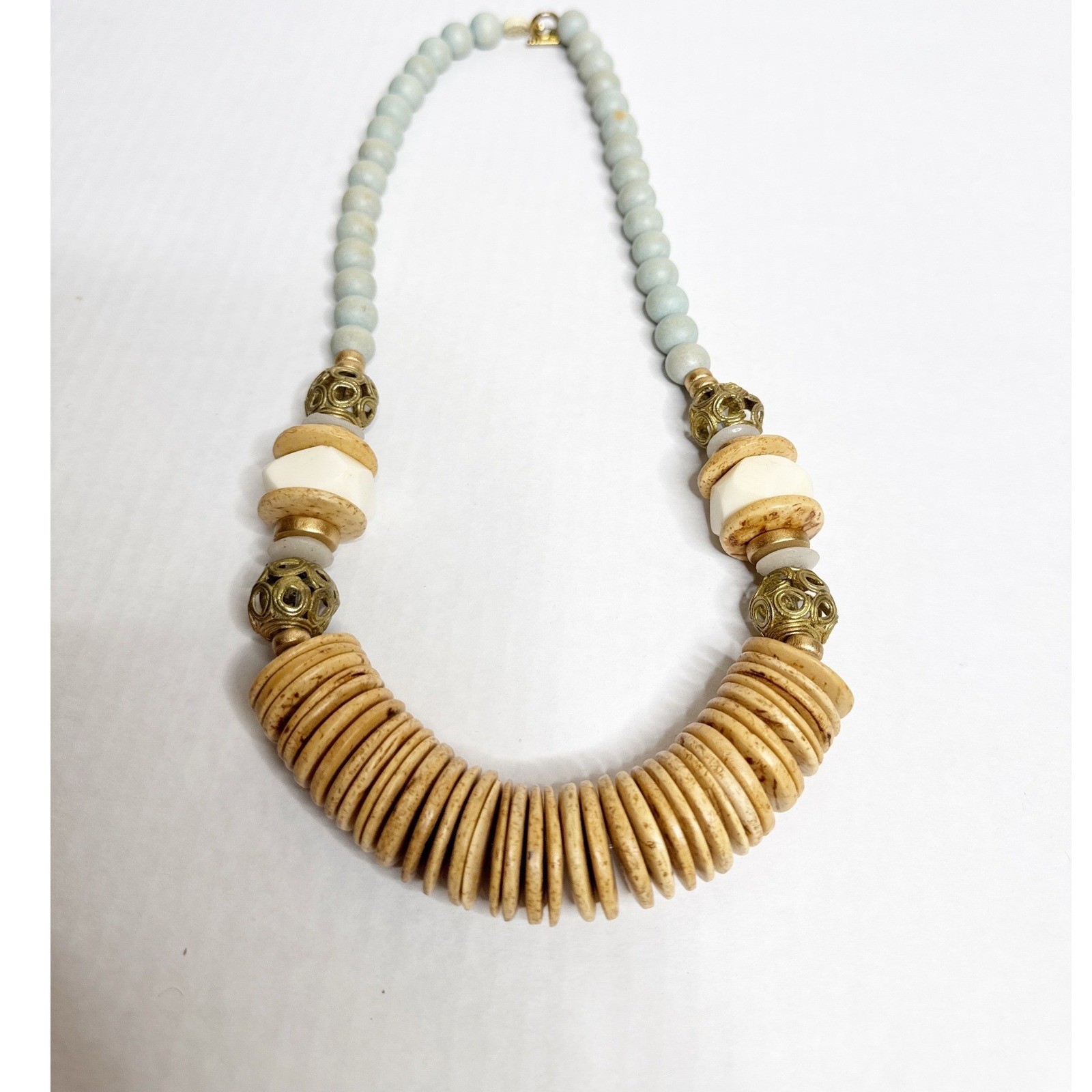 Boho Wood Bead Statement Necklace Light Blue Natural Tan Filigree Toggle 27 Inch