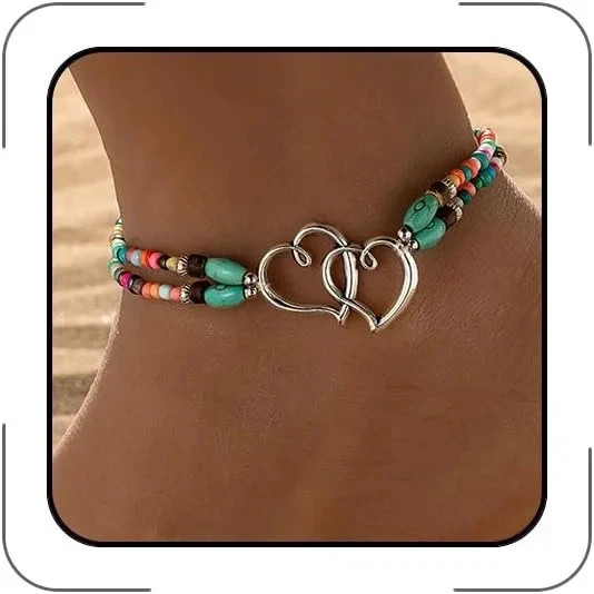 Elastic Beaded Ankle Bracelets for Women Double Heart Layered Stretch Ankle Brac