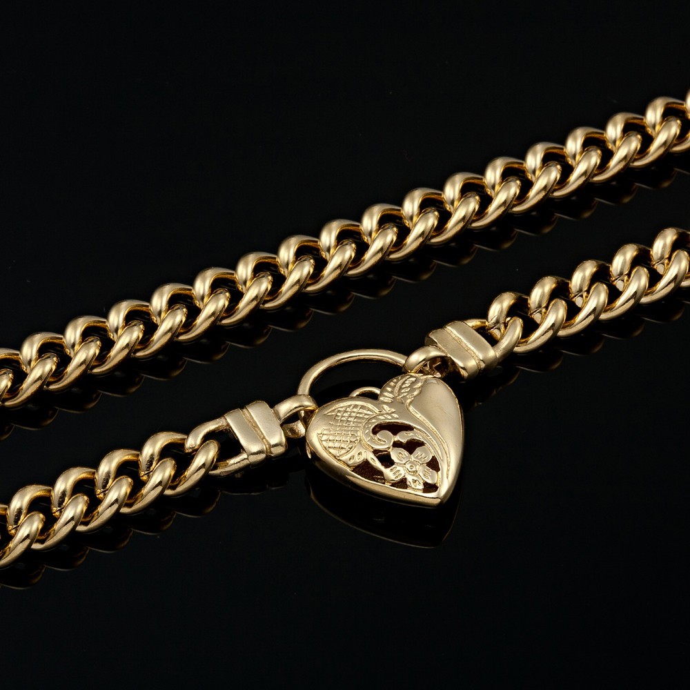 18K GL Solid Curb Chain Yellow Gold Necklace Half Filigree Heart Padlock