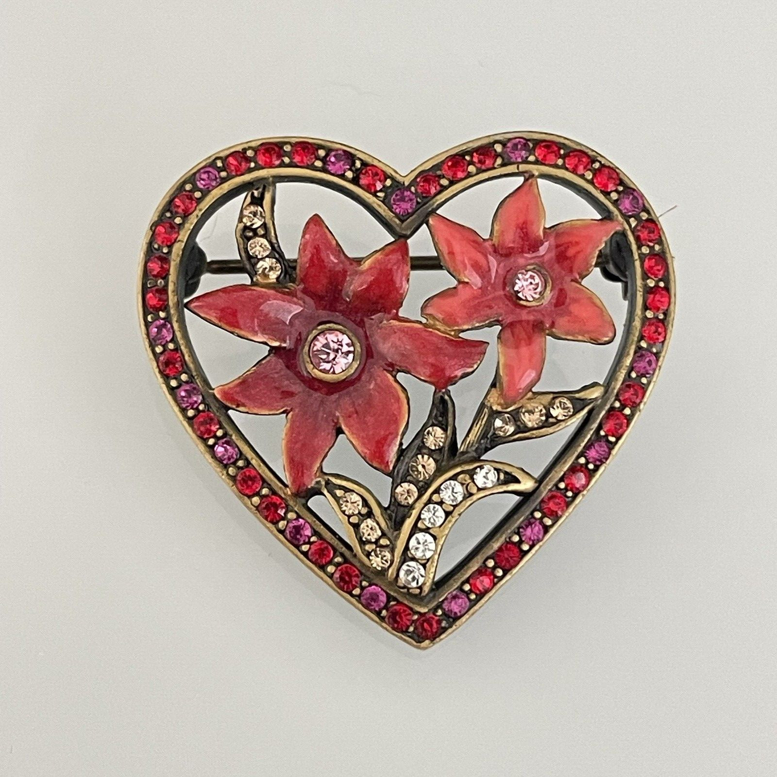 Heart Flower Brooch Pin Jay Strongwater – Red & Pink Enamel & Rhinestone