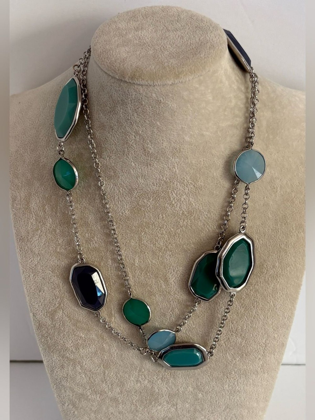 Premier Designs Teal Blue Station Necklace Silver Tone Faceted Stone Necklace