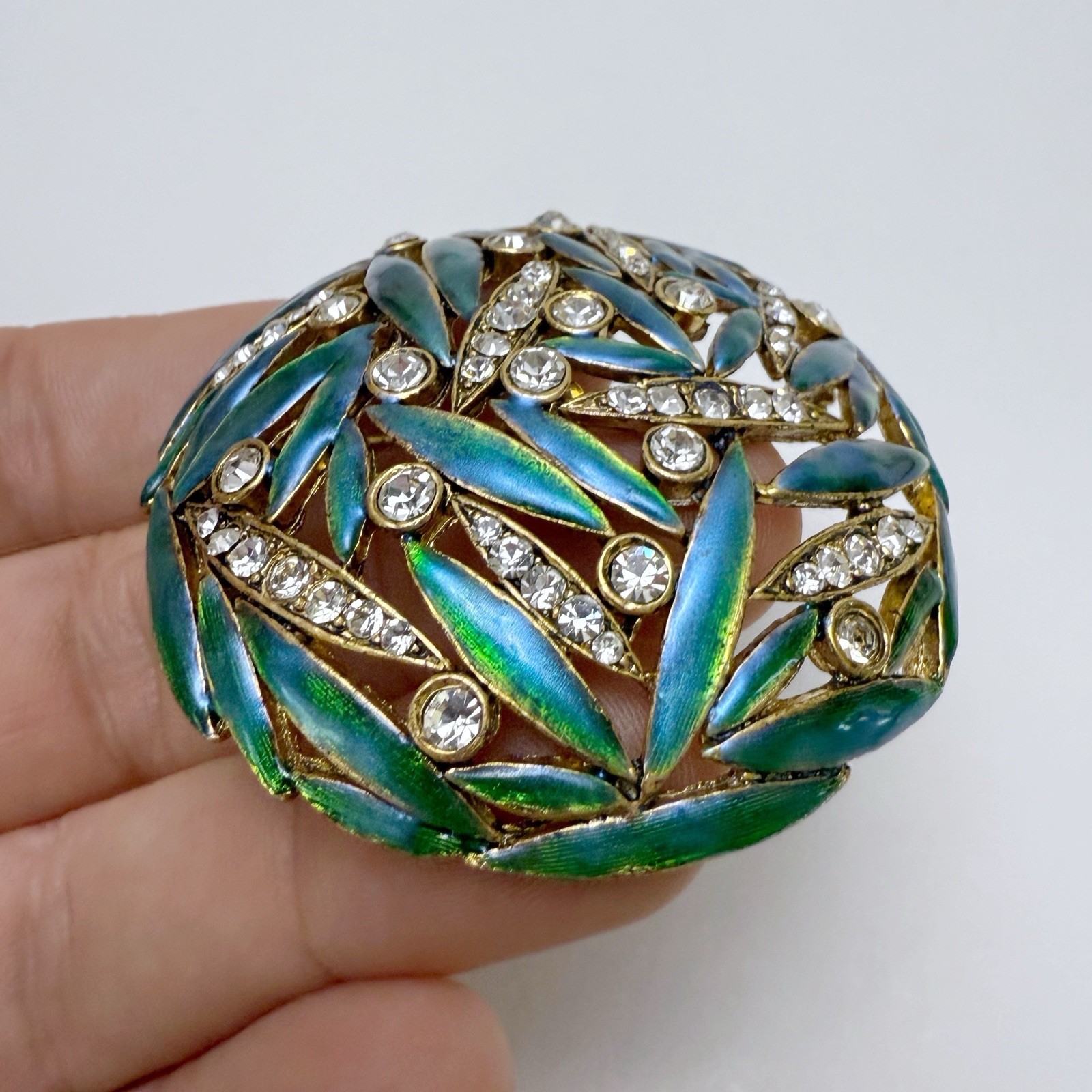 Kenneth Jay Lane KJL Aqua Teal Enamel Clear Rhinestone Leaves Round Brooch Pin