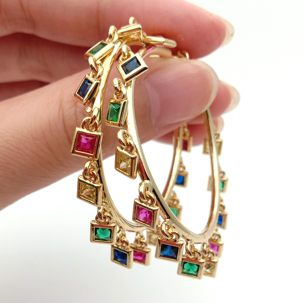 Circle Hoop earrings 40mmgold filled with rainbow cz charm Bohemia Bohe earring