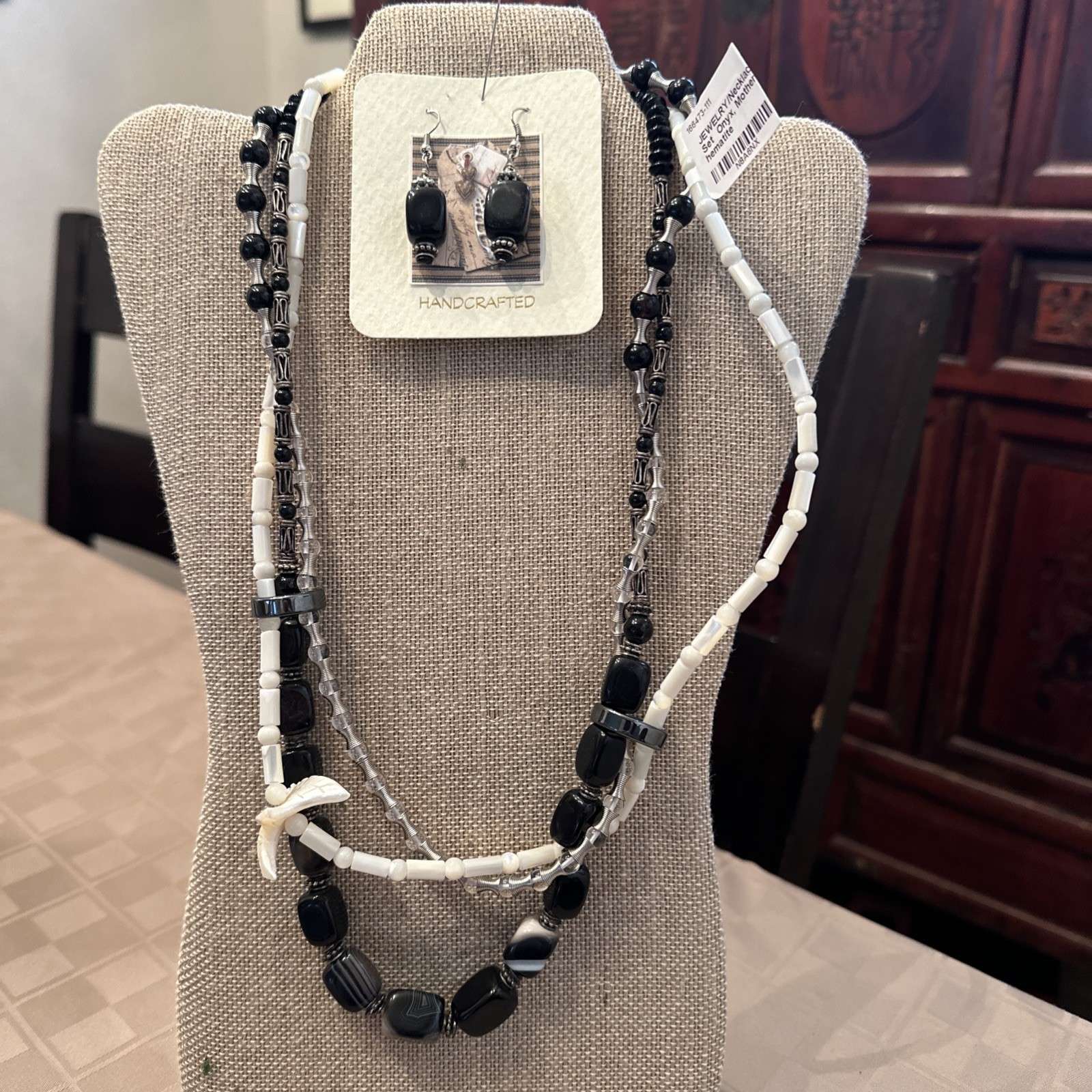 Boho multi strand necklace onyx mother pearl hematite designer statement set.