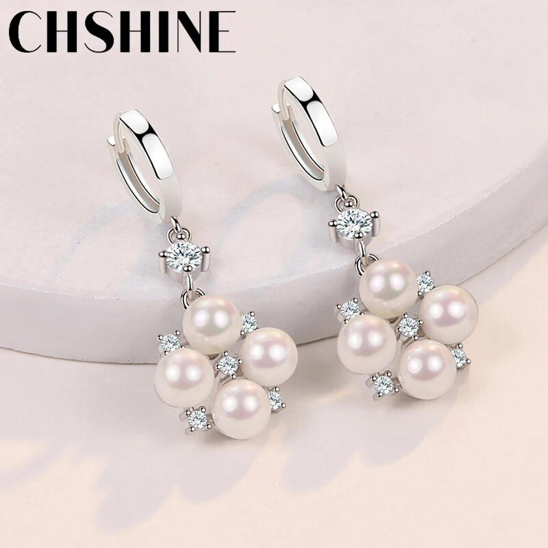 CHSHINE 925 Sterling Silver Fresh Water Pearl Zircon Earrings Fashion Jewelry