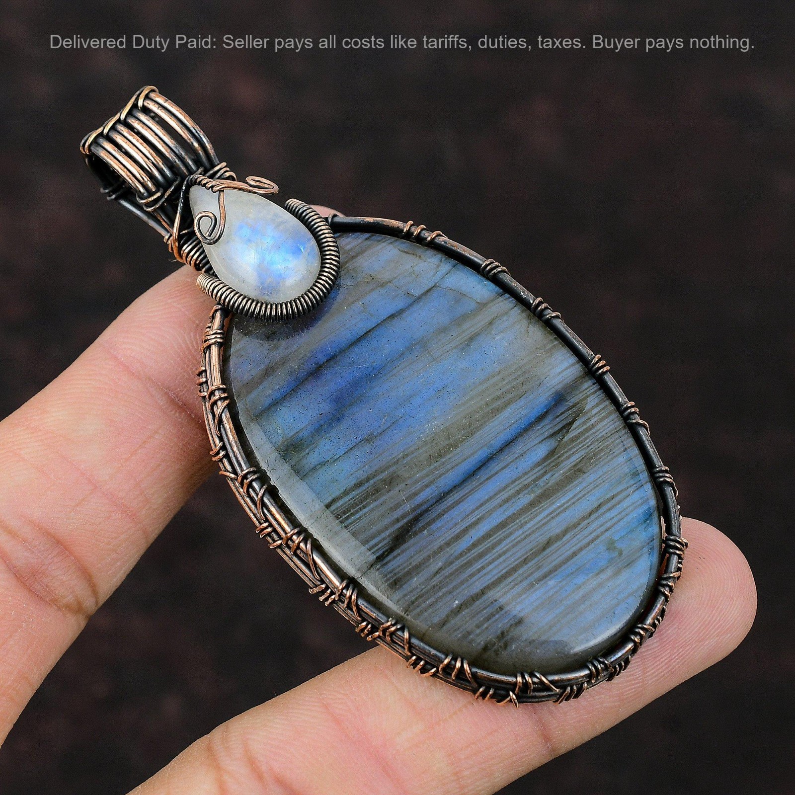 Labradorite Gemstone Rainbow Moonstone Copper Wire Wrapped Boho Pendant Jewelry