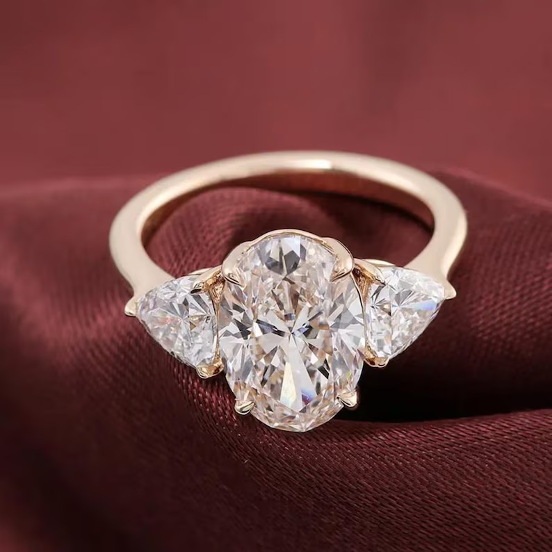 Fancy Three Stone Ring 2.50Ct Oval Cut Simulated Diamond 14K Yellow Gold Plated