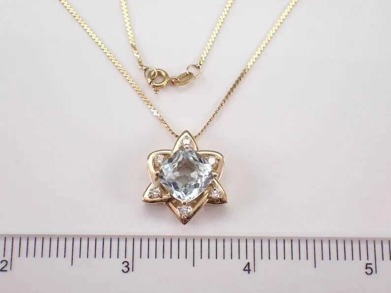 Cushion Cut Simulated Aquamarine Star Pendant Chain In 14k Yellow Gold Plated