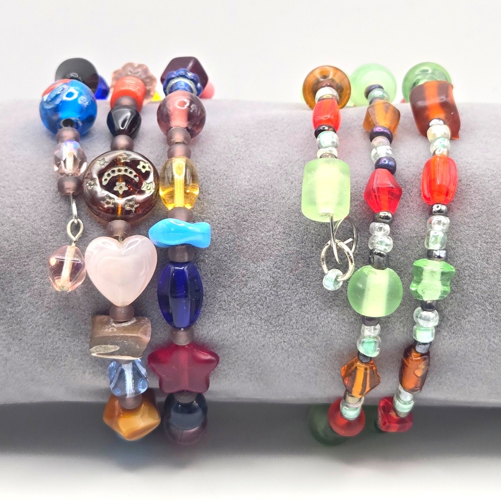 Set of 2 Multi Color Glass Bead Memory Wire Wrap Bracelets Boho Eclectic Style
