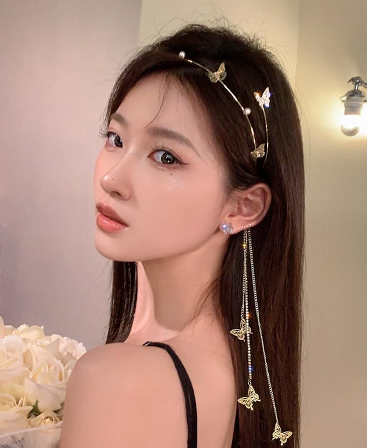 Wedding Butterfly Headband Head Chain Silver Tassel Hair 1 Count (Pack of 1) 01