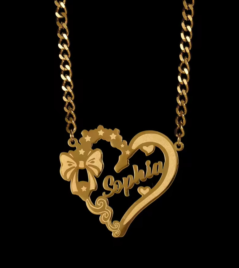 Custom Name Heart Ribbon Shape Necklace Pendant Jewelry Love Gift Cuban Chain