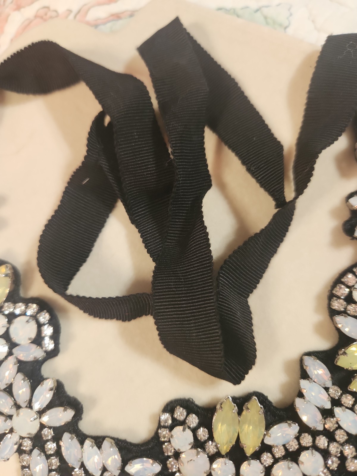 J Crew Fabric back Beaded Crystal Cluster Ribbon Necklace