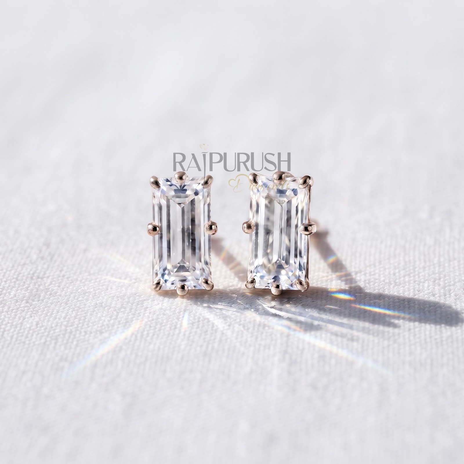 VVS Baguette Moissanite Unisex Stud Earrings 14K Gold Plated 925 Sterling Silver
