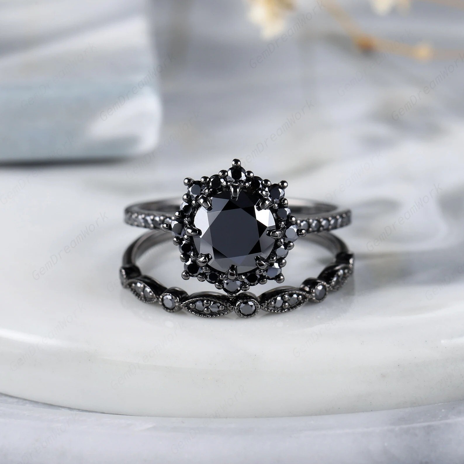 Vintage Black Diamond Engagement Floral Style Ring Set Art Deco Bridal Ring Set