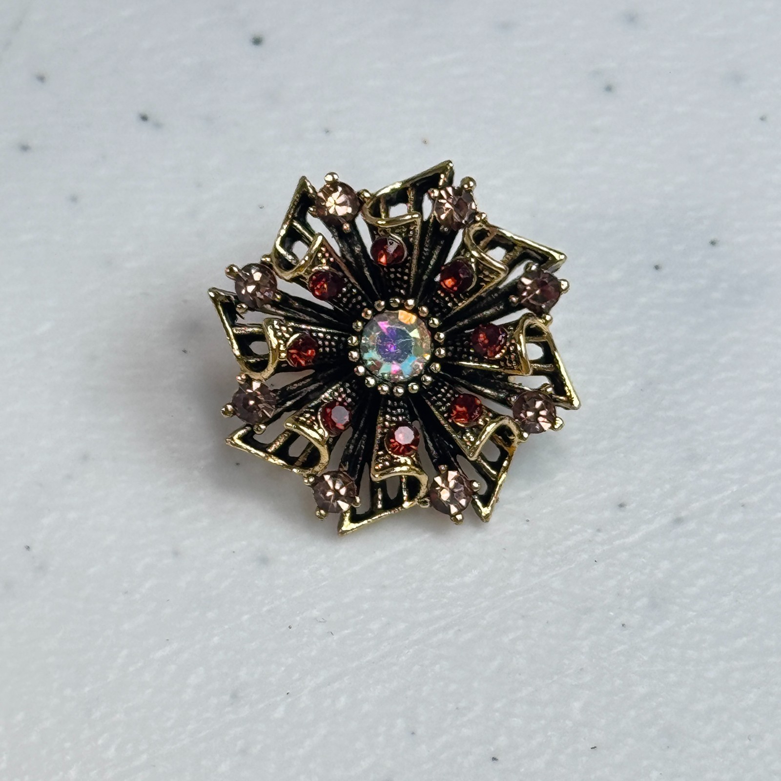 Brooch Red Rhinestone Aurora Borealis Floral Gold Tone Layered Flower 1576-6