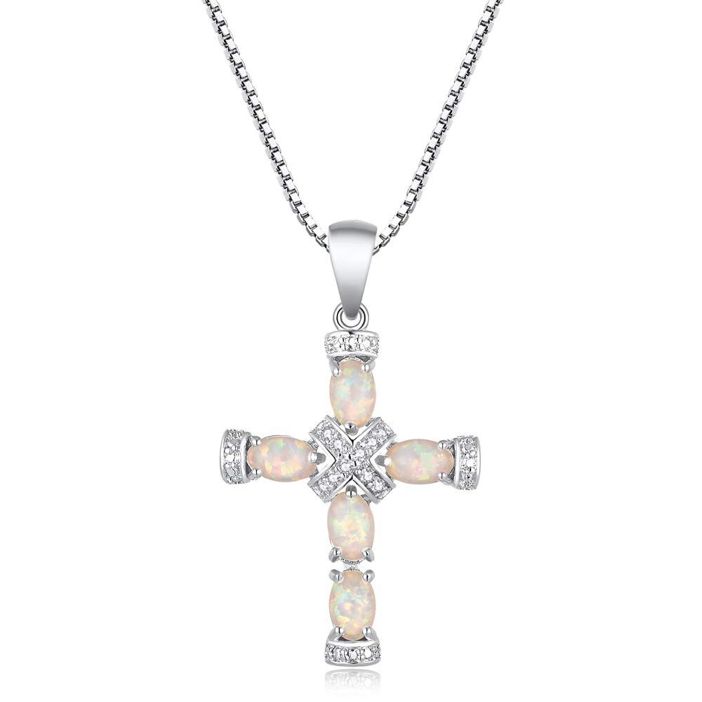 Hawaii White Fire Opal Cross Necklace pendants Silver Filled Women Girls Charm