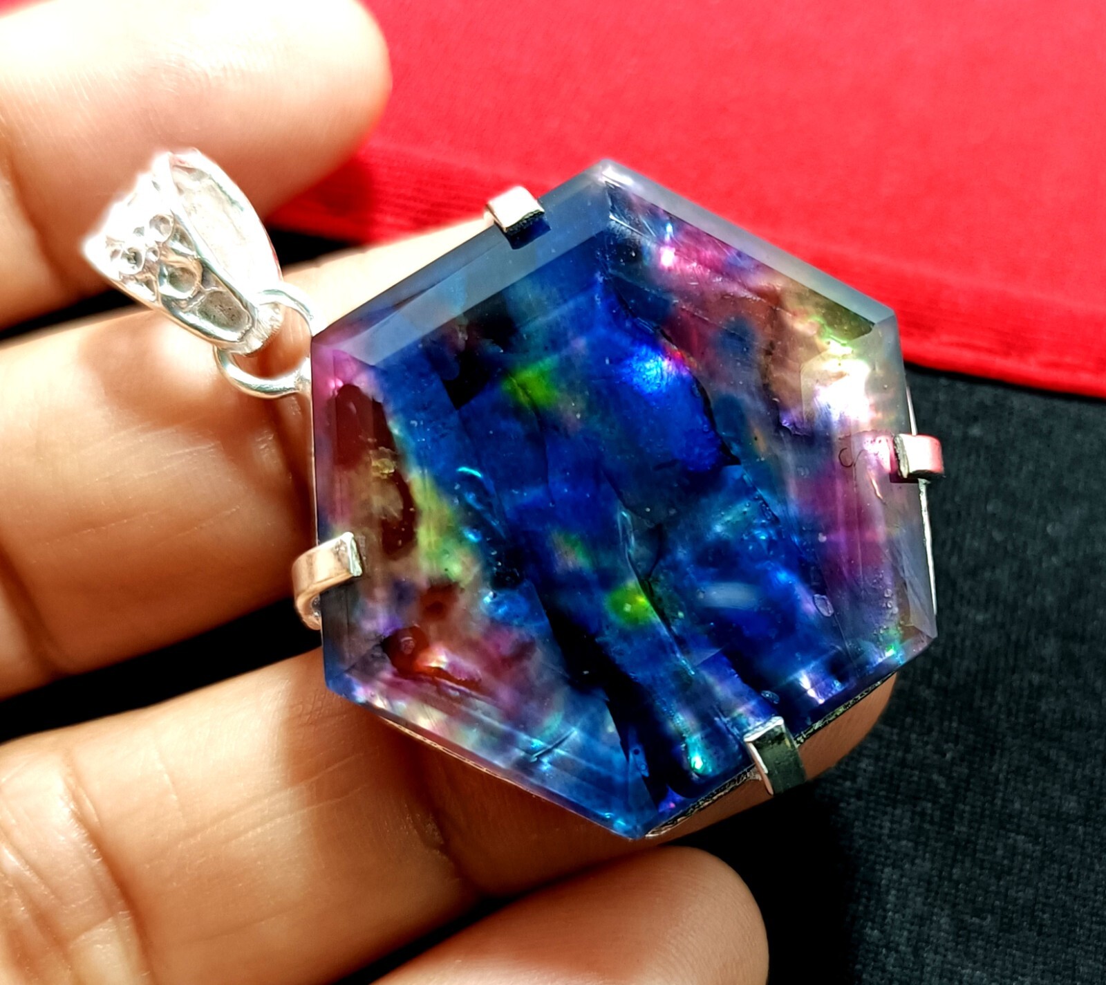 Certified 65.95 Ct Natural Ammolite 925 Solid Silver Hexagon Pendant Gemstone