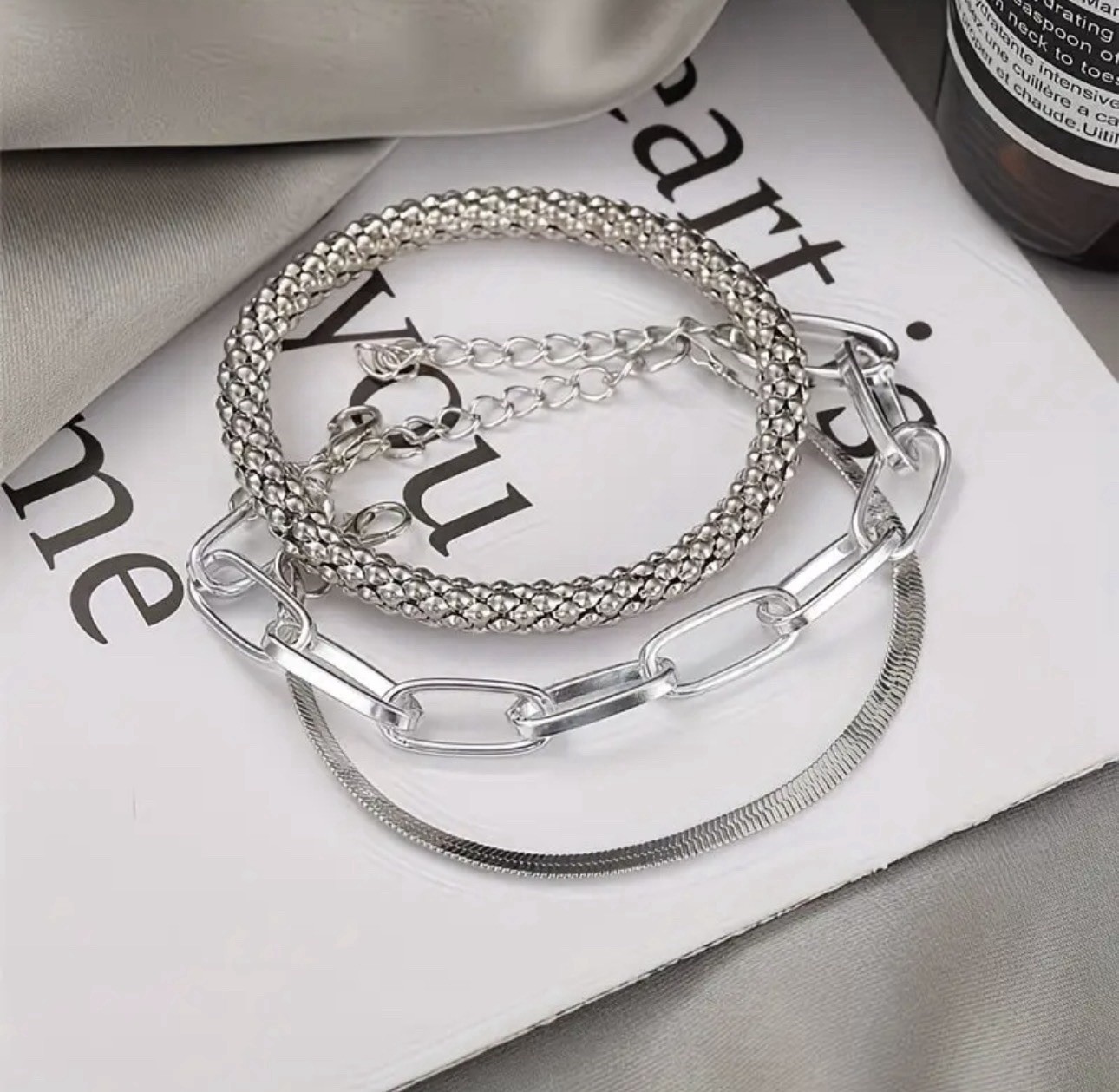 3PCS Silver Layered Bracelet Set Tennis Herringbone Chain Women Jewelry