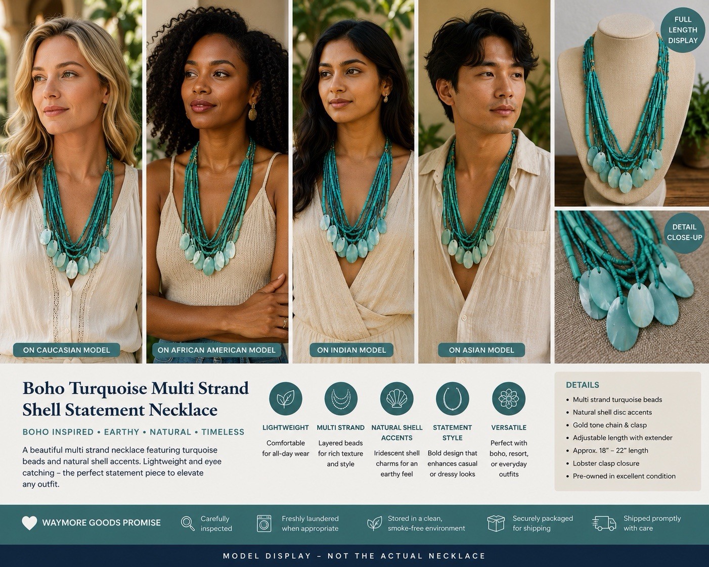Boho Turquoise Multi Strand Shell Statement Necklace Coastal Resort Layered Bead