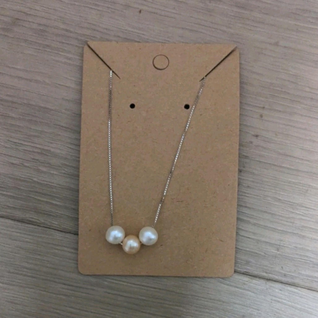 Silver Chain Necklace Charm Pendant with 3 White and Pink Round Pearls