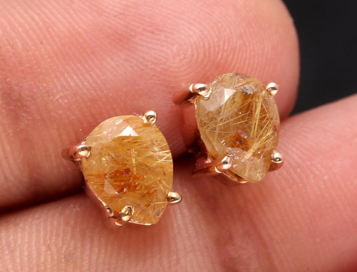 Natural Golden Rutile Pear Stud Earrings Rose Gold Filled Solid Silver Jewelry
