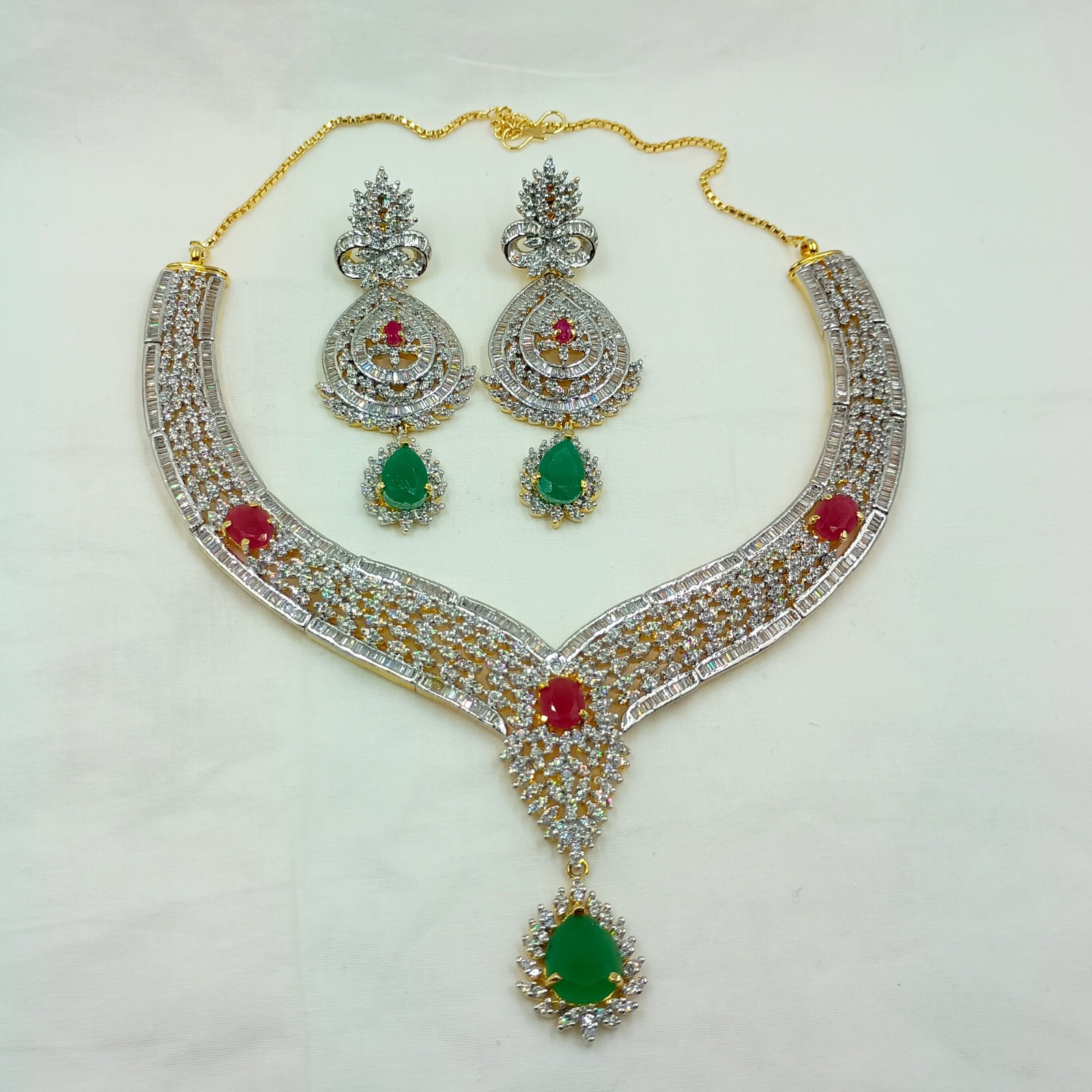 Traditional Emerald Ruby CZ Diamond Choker Necklace Set 22k Gold Plated