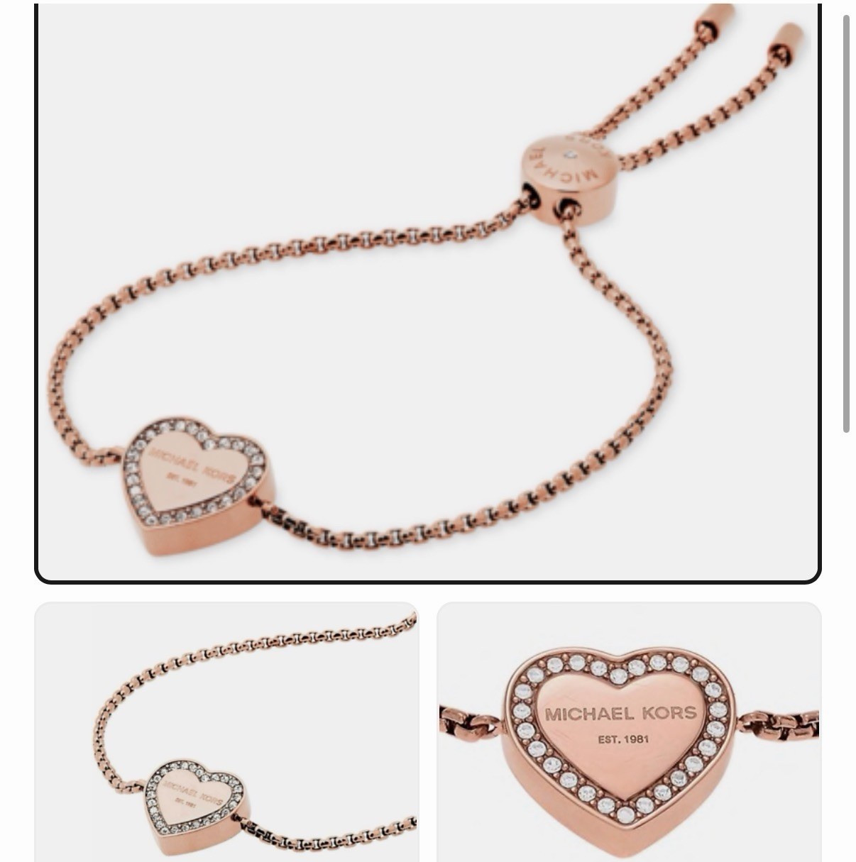 Michael Kors Rose Gold Plated Heart Charm Crystal Pavé Slider Bracelet