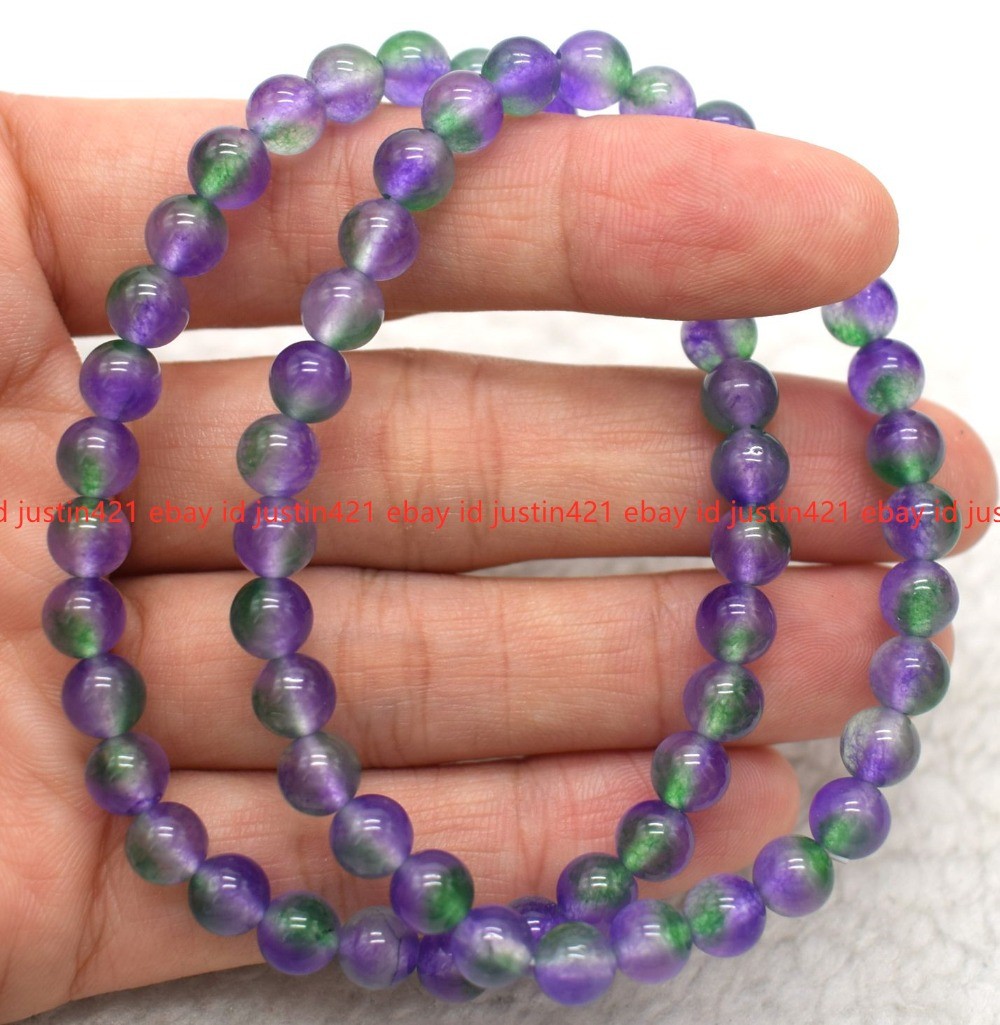 2pcs Natural 6/8mm Multi-color Jade Gemstone Round Bead Bracelet 7.5in