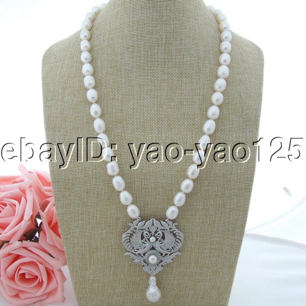 24” 14x26MM Freshwater Cultured White Rice Pearl Necklace CZ Pendant