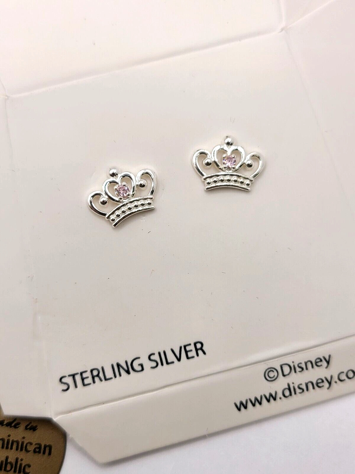 Disney Sterling Silver Pink CZ Princess Crown/Tiara Pierced Earrings NO BOX