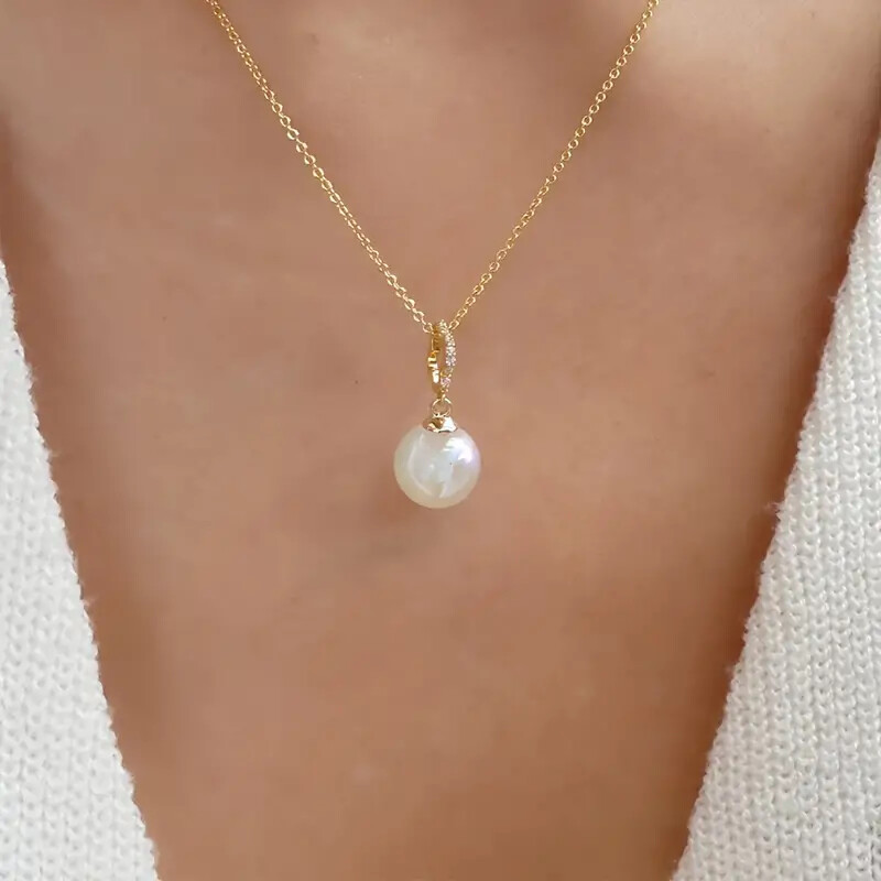 Imitation Pearl Square Pendant, Rhinestones Inlaid Zinc Alloy Necklace