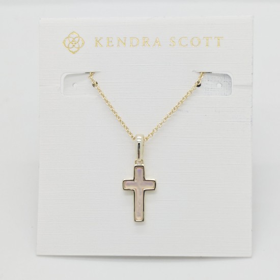 New Kendra Scott Cross Gold Pendant Necklace in Pink Dichroic Glass