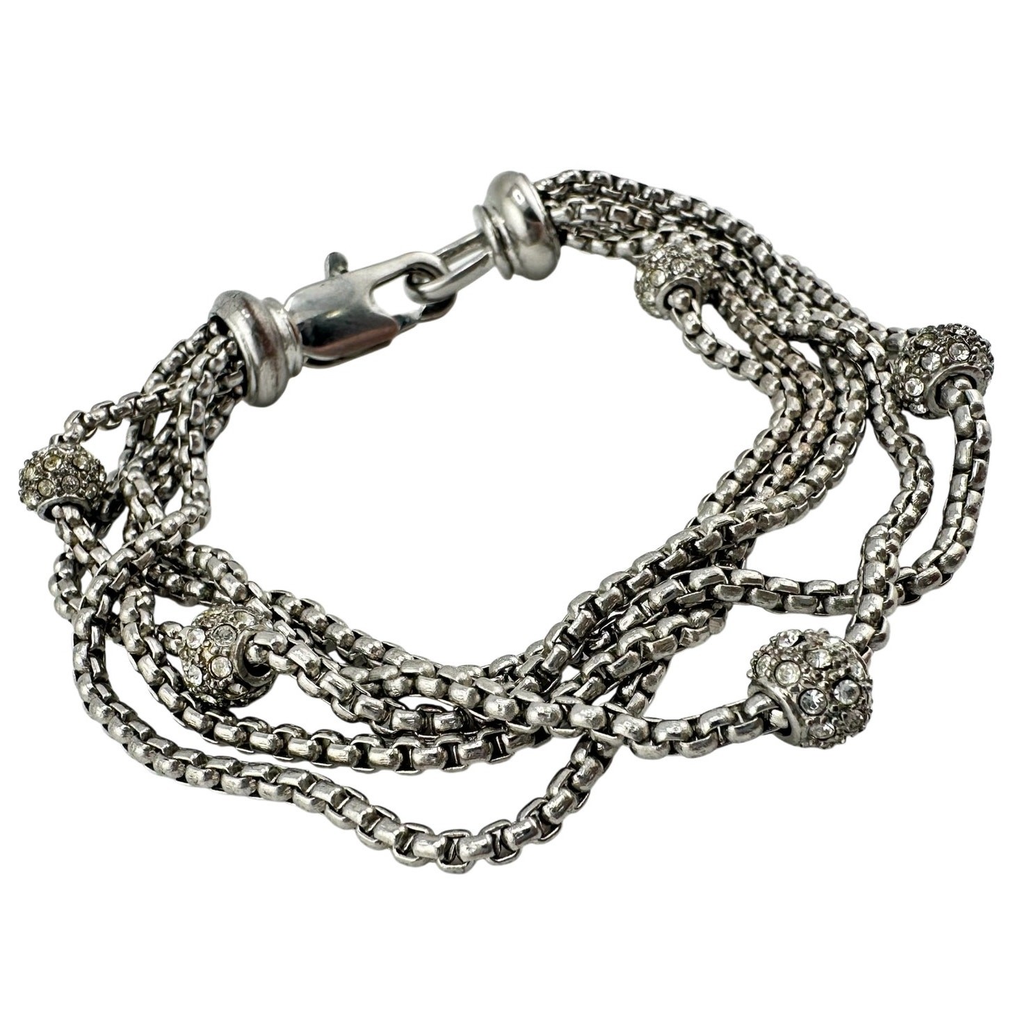 Modern Rhinestone Pave Beads Multichain Layered Look Silver Tone 7″ Bracelet