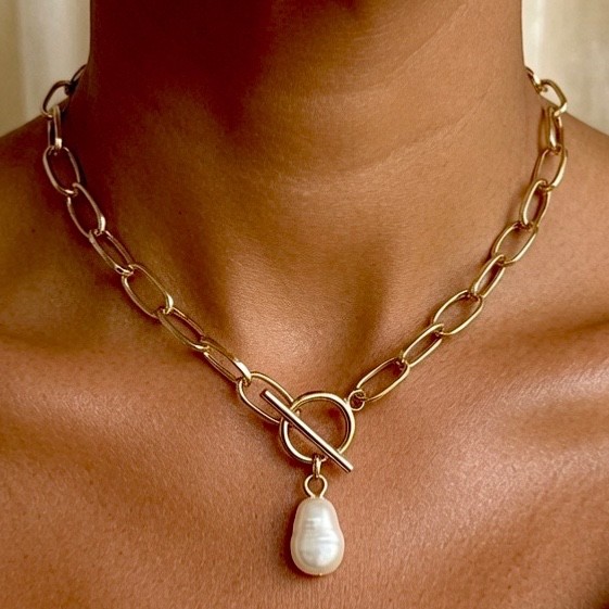 T Bar & Pearl Pendant Necklace Chunky Link Gold Pearl Chain 18″45cm Handmade UK