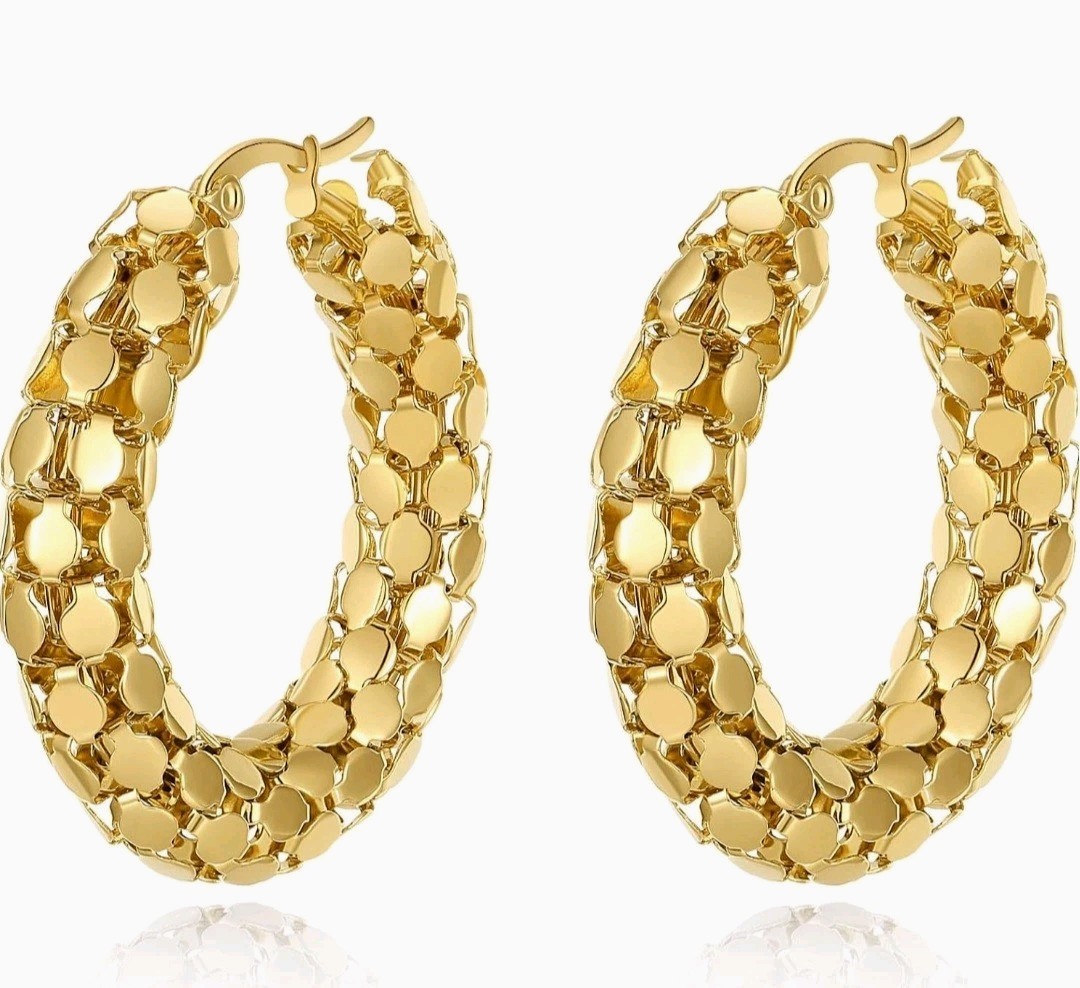 Gold Pebble Hoop Earrings Stainless Steel Chunky Textured Round 3.5cm NWOT