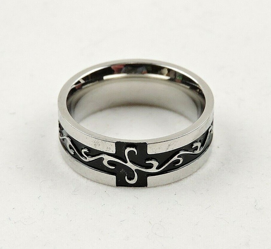 Stainless Steel Black Enamel Swirls Comfort Fit Band Ring – Free Gift Packaging
