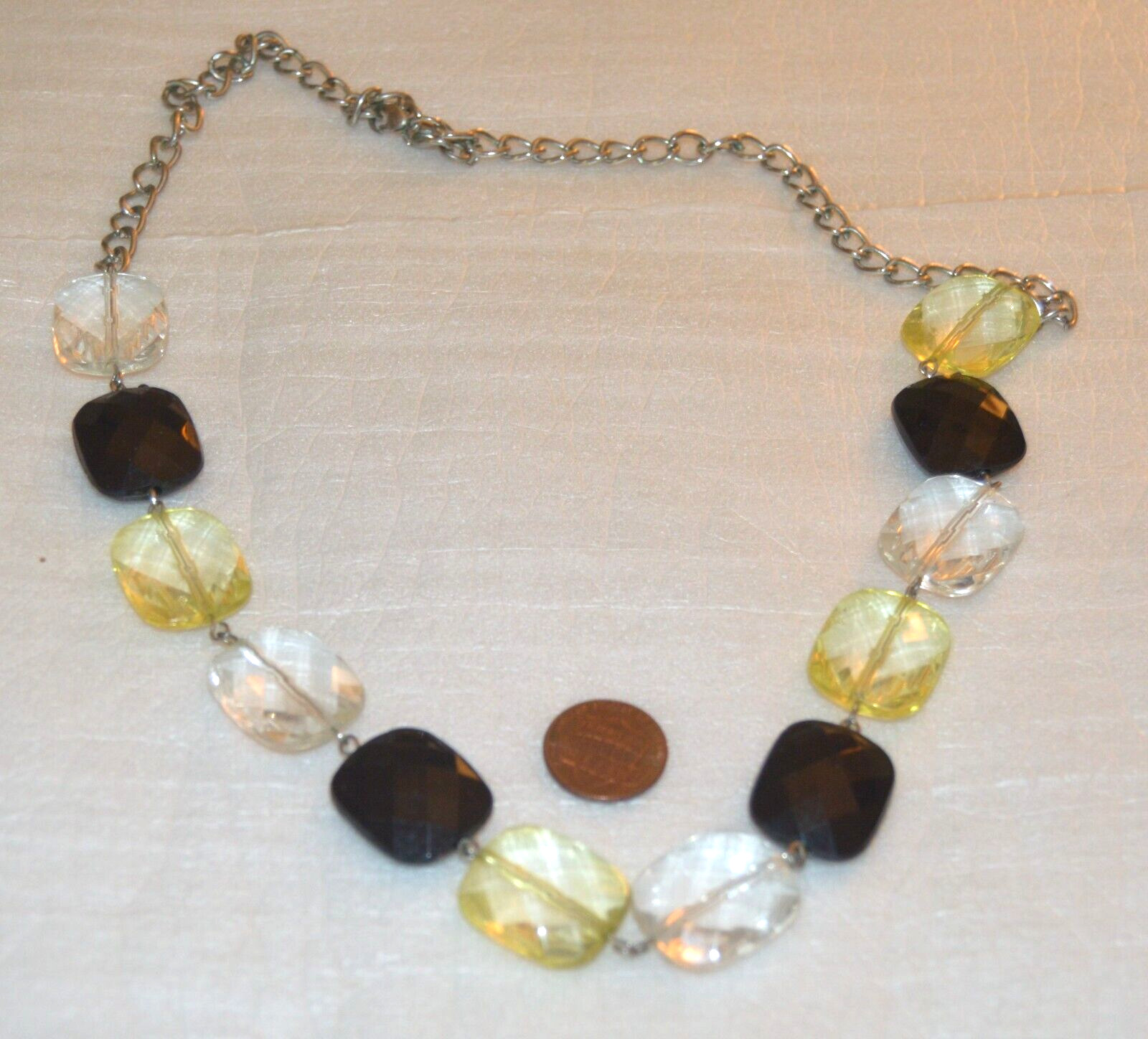 Black, Yellow & Clear Rectangle Bead Necklace on Silver Chains