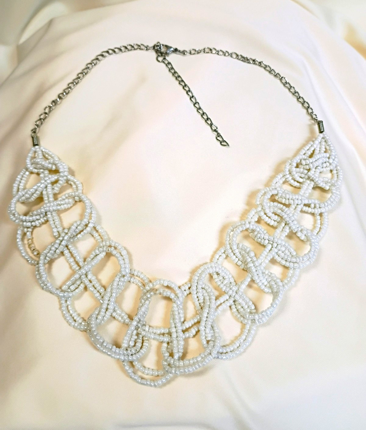 White Seed Bead Statement Bib Necklace Silver Chain Adjustable