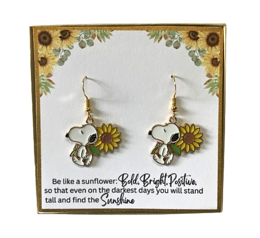 Snoopy Adorable Gold Enamel Earrings Inspirational Sunflower Boxed Greeting Card