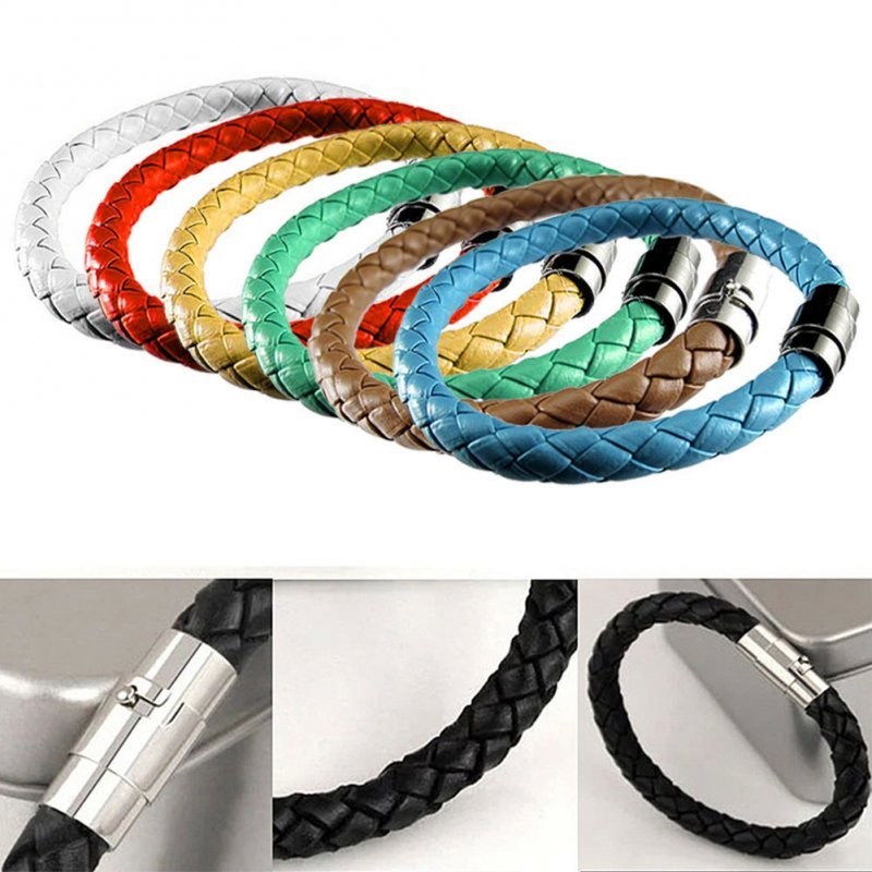 Unisex Women Men Braided Leather Steel Magnetic Clasp Bracelet Handmade Jewelry