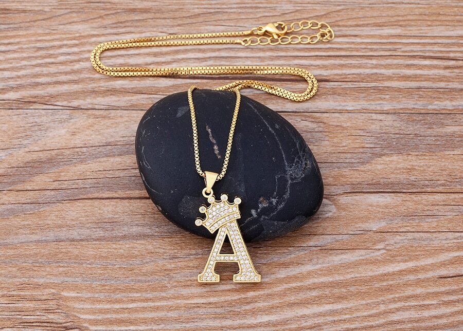 Hip Hop Fashion Jewelry Gold CZ Crown Letter Initial Pendant Necklace 1-165