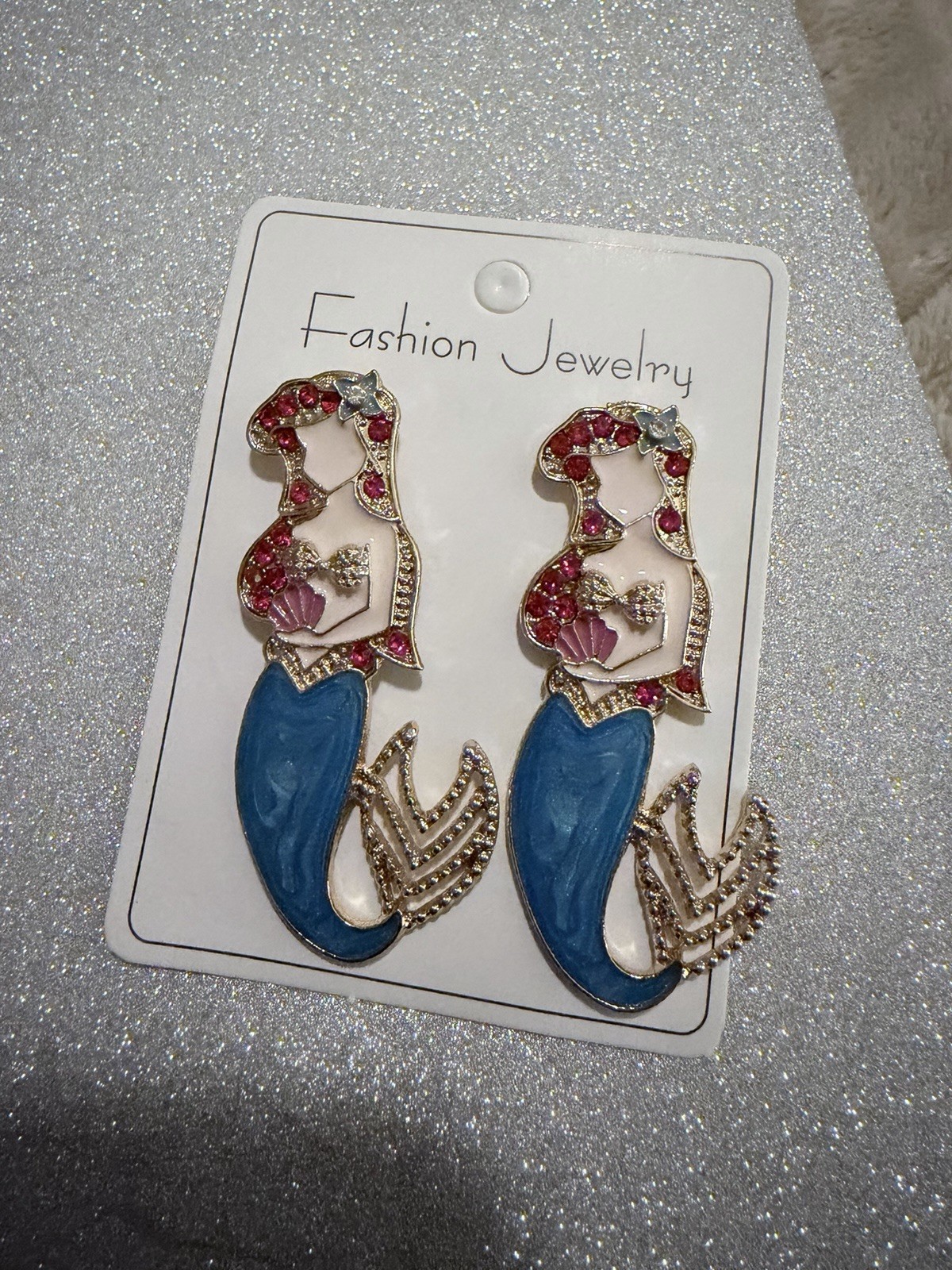 Mermaid Dangle/Drop Earrings Gold Tone Blue Enamel Red Crystal Butterfly