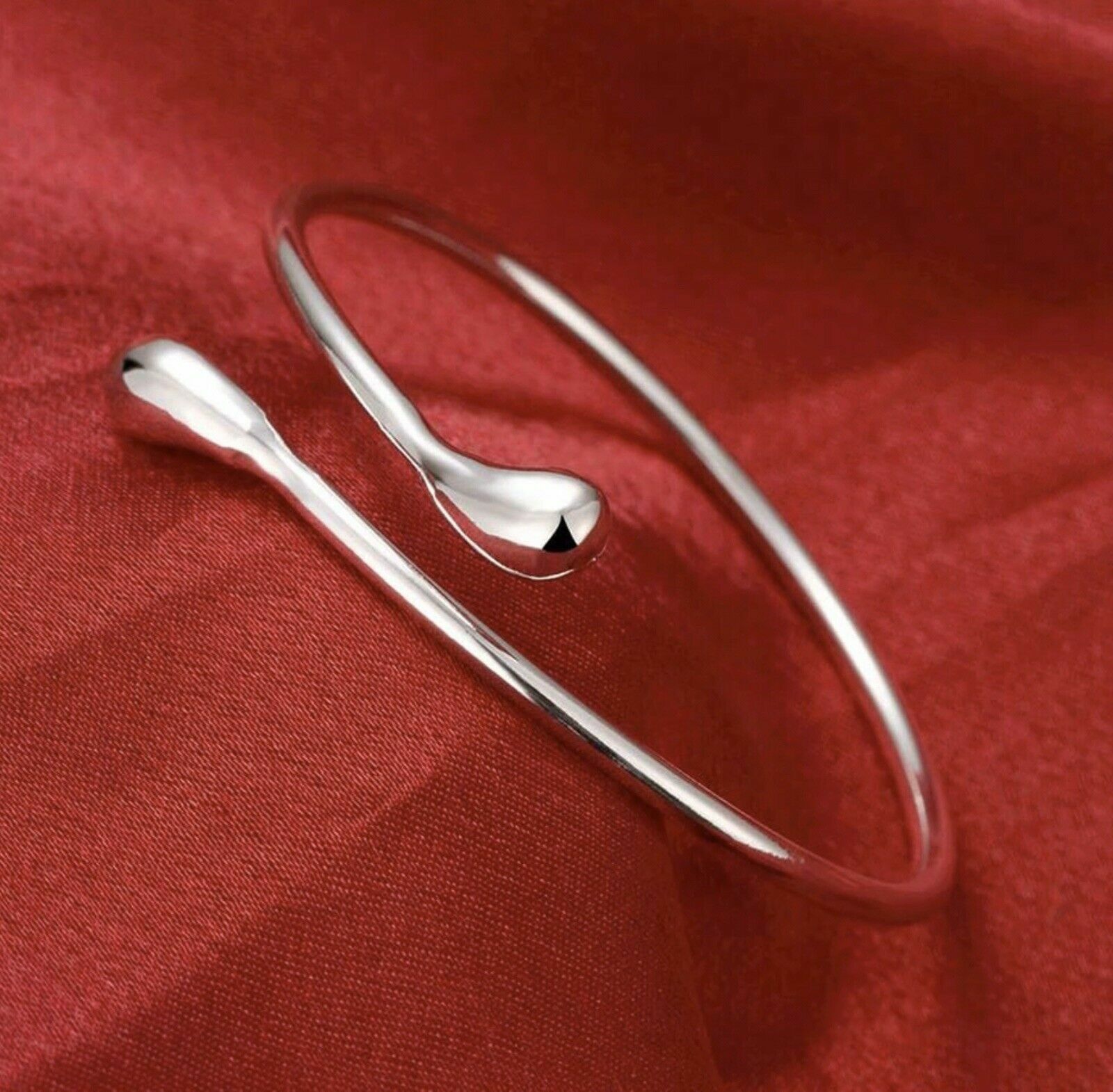 Women’s 925 Sterling Silver Smooth Tear Water Drop Cuff Open Bangle Bracelet
