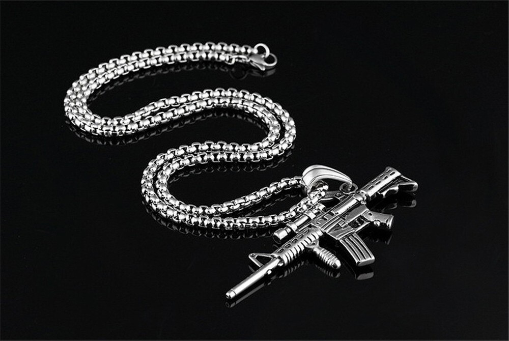 Silver Army AK47 Machine Gun Stainless Steel Pendant Necklace, Second Amendment