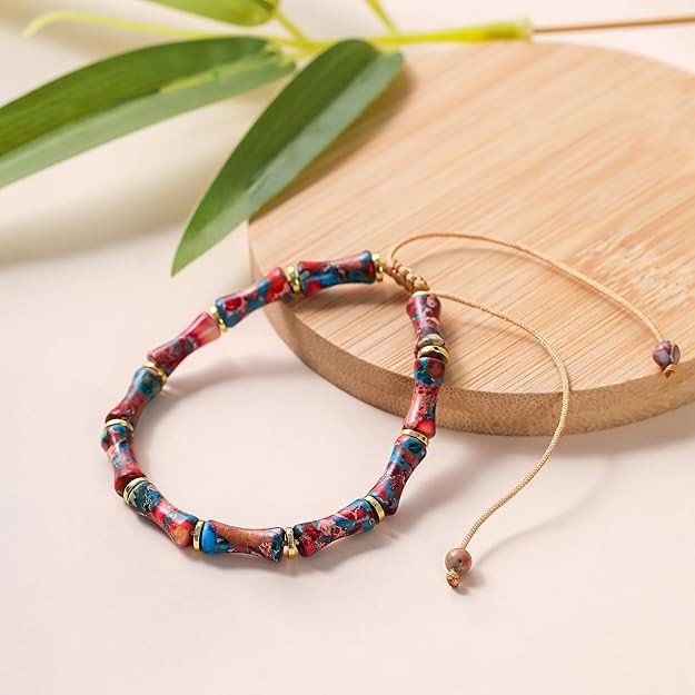 Sea Sediment Jasper Bamboo Shaped Blue Red Beads Woven Healing Gemstone Bracelet